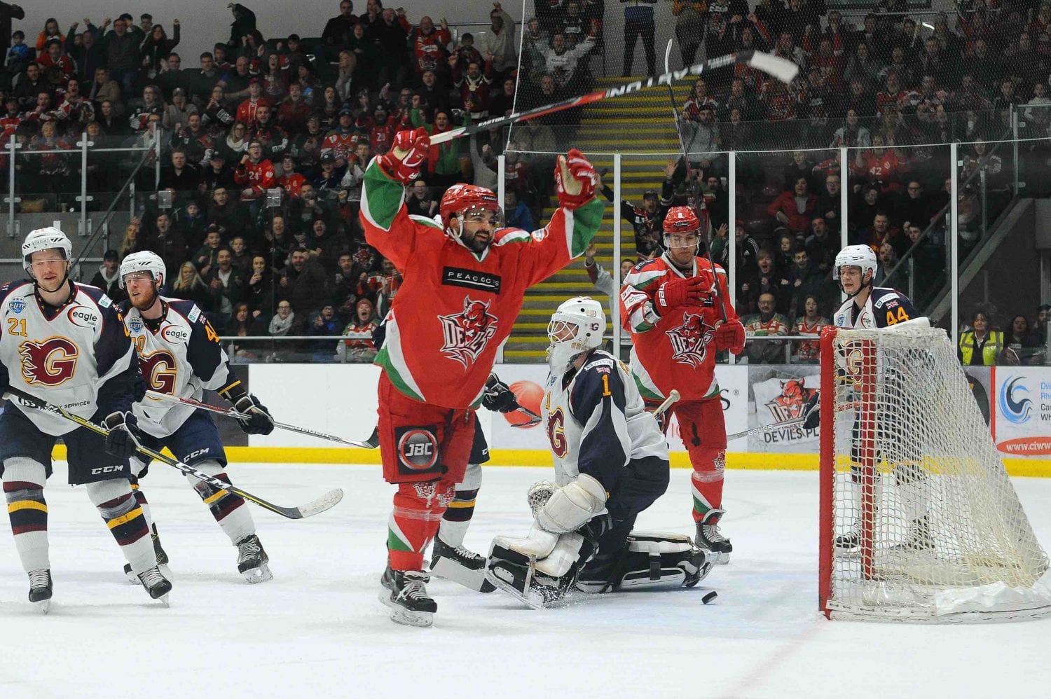 Picture 2 Sean Bentivoglio With His Hands Up After His Goal On Sunday As Matthew Myers Looks On , British Ice Hockey