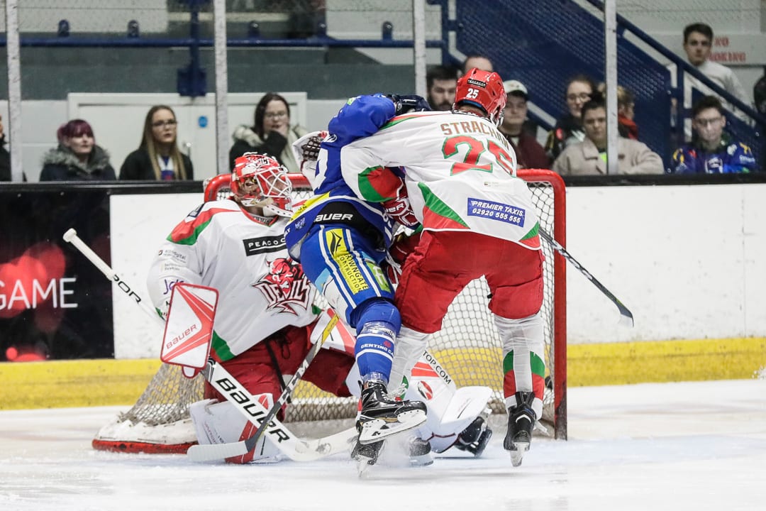 Picture 3 Tyson Strachan Pushes A Coventry Forward Into The Net As They Score A Goal, British Ice Hockey