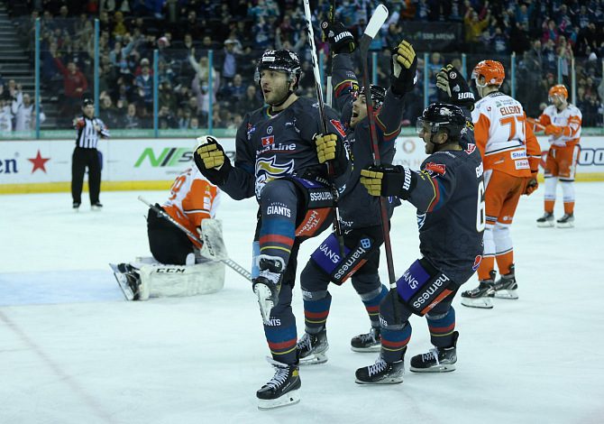 Belfast Giants' Scott Conway celebrates after scoring versus the Sheffield Steelers in the Elite League, March 11, 2022 (Image: Brian Kidd)