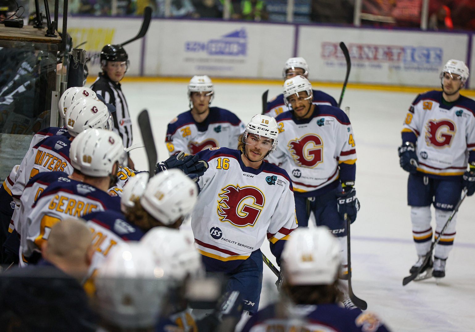The Guildford Flames celebrate scoring on the road versus the Manchester Storm (Image: Mark Ferris)